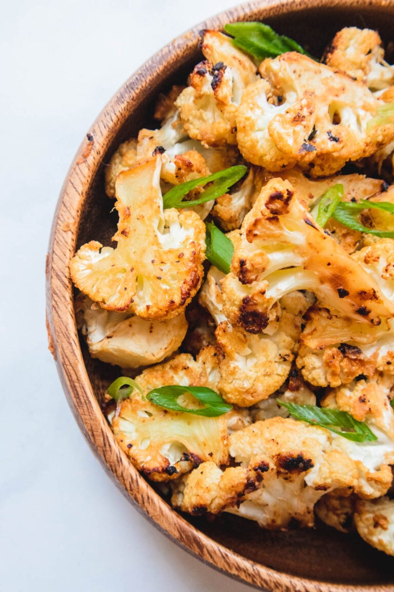 Roasted miso cauliflower in a bowl.