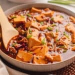 Mapo tofu served with green onions and a wooden spoon.