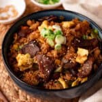 Beef fried rice in a blue bowl.