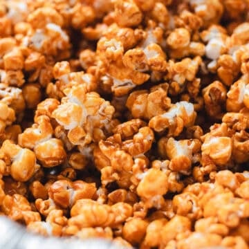 Homemade miso caramel popcorn in a turkey tray.